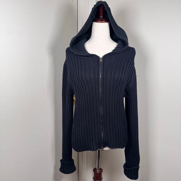 VTG J. Crew Ribbed Knit Full Zip Sweater Hoodie Heavy Cotton Slouchy Whimsigoth - Picture 1 of 8